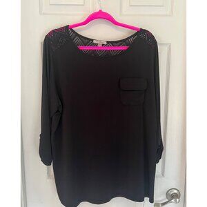 Roz & Ali Black Blouse Knit Top Plus Lace Back Roll Tab Sleeve Stretch 3X